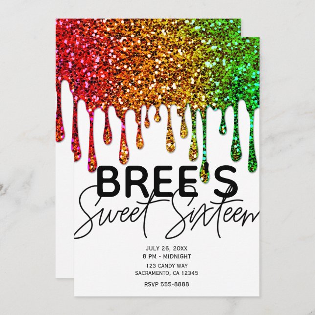Glam Rasta Rainbow Glitter Drips Sweet 16 Party Invitation (Front/Back)