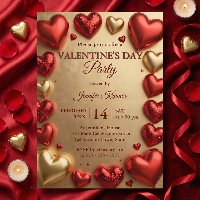 Glam Red and Gold 3D Hearts Valentine's Day Party Invitation (Creator Uploaded)