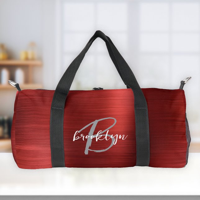 Glam Red Brushed Metal Grey White Monogram  Duffle Bag (Creator Uploaded)