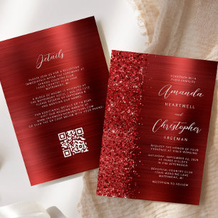 Glam Red Brushed Metal QR Code Wedding Invitation