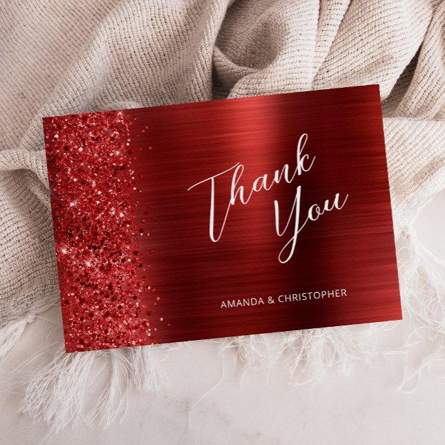 Glam Red Brushed Metal Wedding Flat Thank You Card (Creator Uploaded)