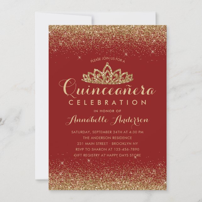 Glam Red Burgundy Quinceañera Gold Tiara Glitter Invitation (Front)