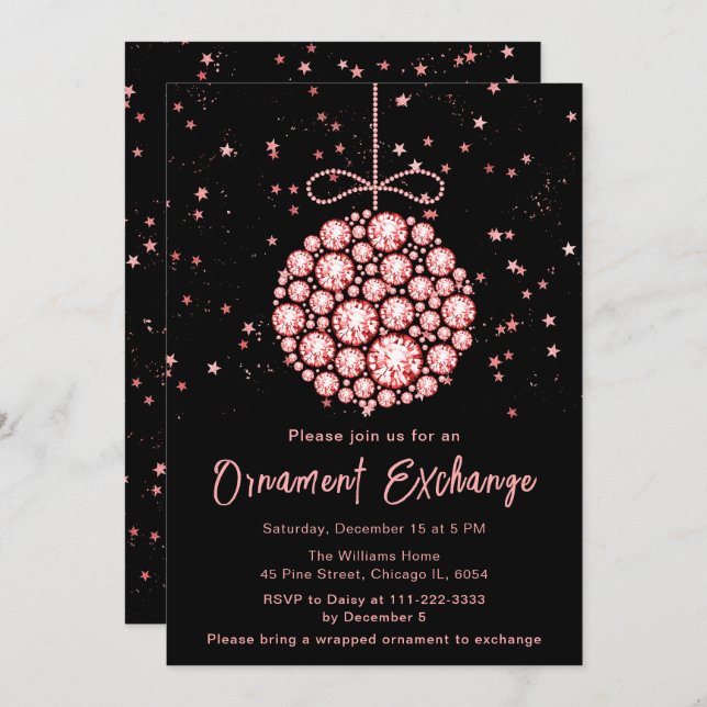 Glam Red Christmas Ornament Exchange Invitation (Front/Back)