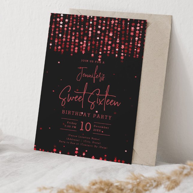 Glam Red Falling Stars Sweet 16 Birthday Party Invitation (Glam Red Falling Stars Sweet 16 Birthday Party Invitation)