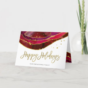 Glam Red Geode with Gold   Happy Holidays Holiday Card