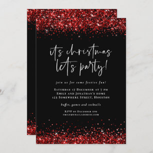Glam Red Glitter Borders Lets Party Christmas  Invitation