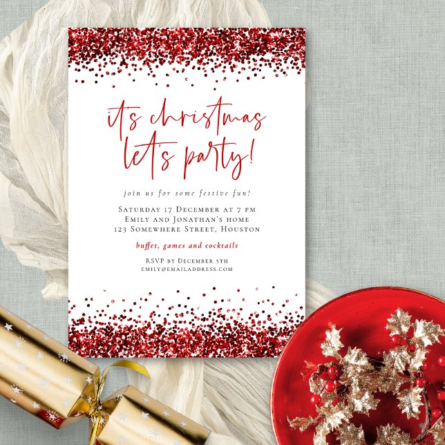 Glam Red Glitter Christmas Lets Party Invitation (Creator Uploaded)