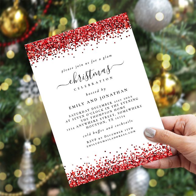 Glam Red Glitter Christmas Party White Invitation (Available digitally and printed)