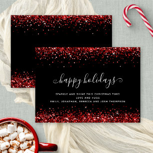 Glam Red Glitter Happy Holidays Black Christmas  Holiday Card
