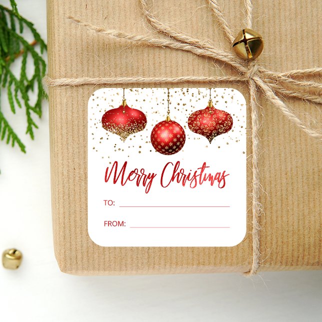 Glam Red Gold Ornaments Merry Christmas To From Square Sticker (Creator Uploaded)