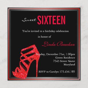 Glam Red High Heel Black Sweet Sixteen Invite