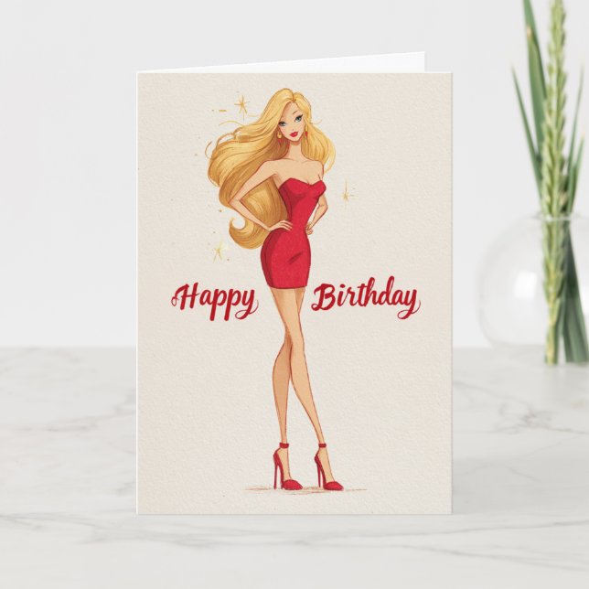 Glam Red Mini Dress Birthday Card (Front)