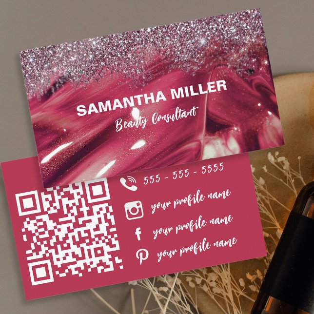 Glam Red Pink Marble Glitter Beauty Consultant Business Card (Creator Uploaded)