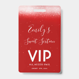 Glam Red Sweet 16  Invitation VIP Pass Badge ID Badge