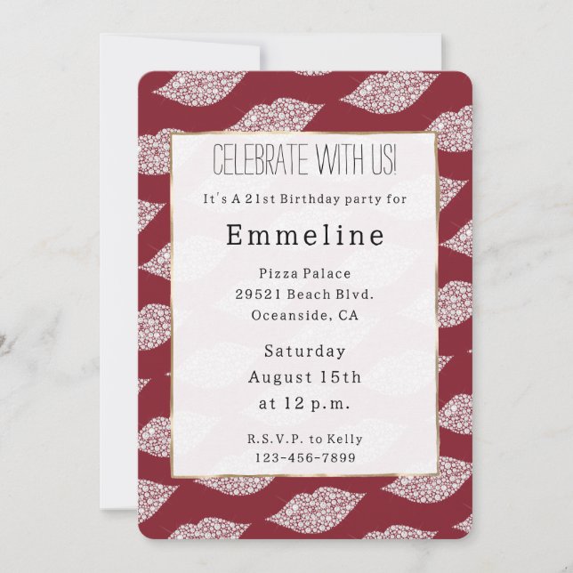 Glam Red White Diamond Lips Invitation (Front)