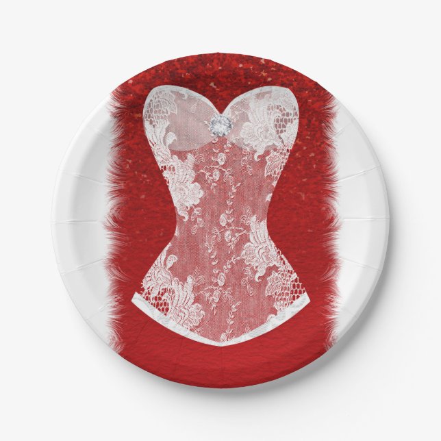 Glam Red & White Holiday Lingerie Shower Party Paper Plate (Front)