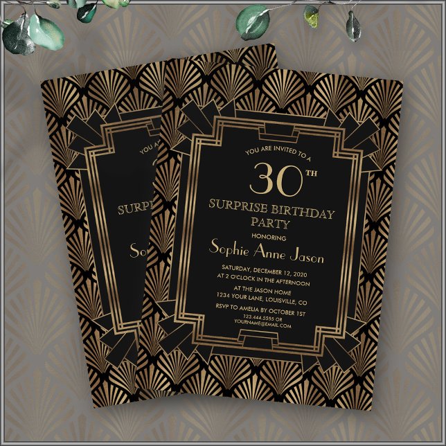Glam Roaring 20's Great Gatsby Art Deco Birthday Invitation (30th birthday Art Deco invitation elegant, trendy roaring 20s)