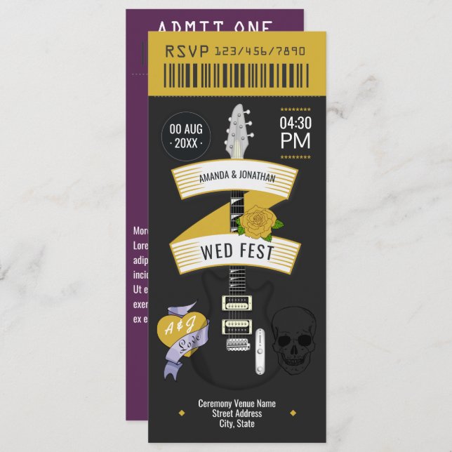Glam Rock Rock ’n’ Roll Wedding Ticket Invitation (Front/Back)