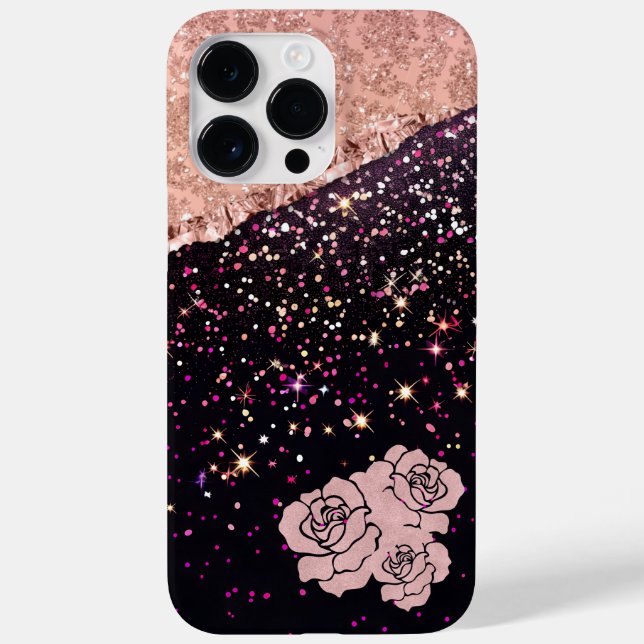 Glam Rose Black Glitter Blush Roses Case-Mate iPhone Case (Back)