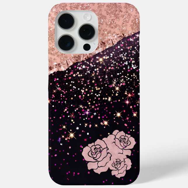Glam Rose Black Glitter Blush Roses Case-Mate iPhone Case (Back)