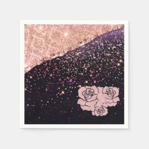 Glam Rose Black Glitter Blush Roses Napkin