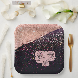 Glam Rose Black Glitter Blush Roses Paper Plate