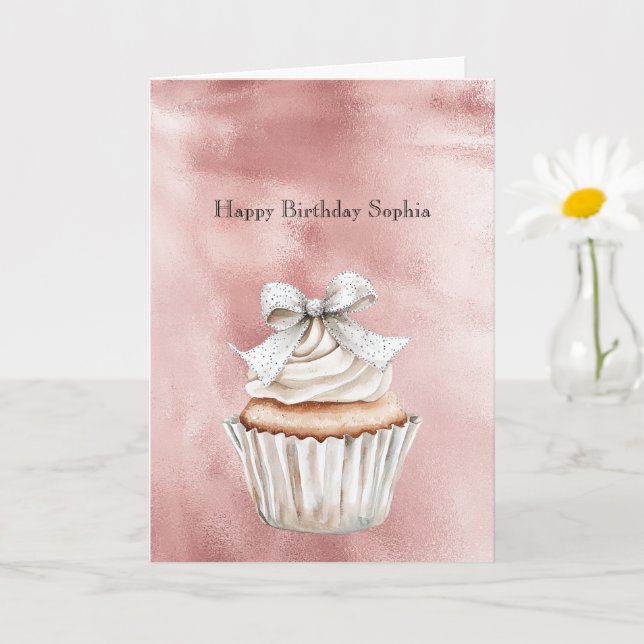 Glam Rose Blush Glitzy Silver Bow Cupcake Birthday Card (Small Plant)