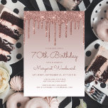 Glam Rose Gold 70th Birthday Party Invitation<br><div class="desc">This trendy 70th birthday invitation features a sparkly rose gold faux glitter drip border and ombre background. The words "70th Birthday" and the name of the guest of honour appear in dark rose casual handwriting script, with the rest of the customisable text in sans serif font. The same rose gold...</div>