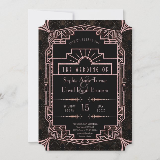 Glam Rose Gold Art Deco Gatsby 20s Wedding Invitation (Front)