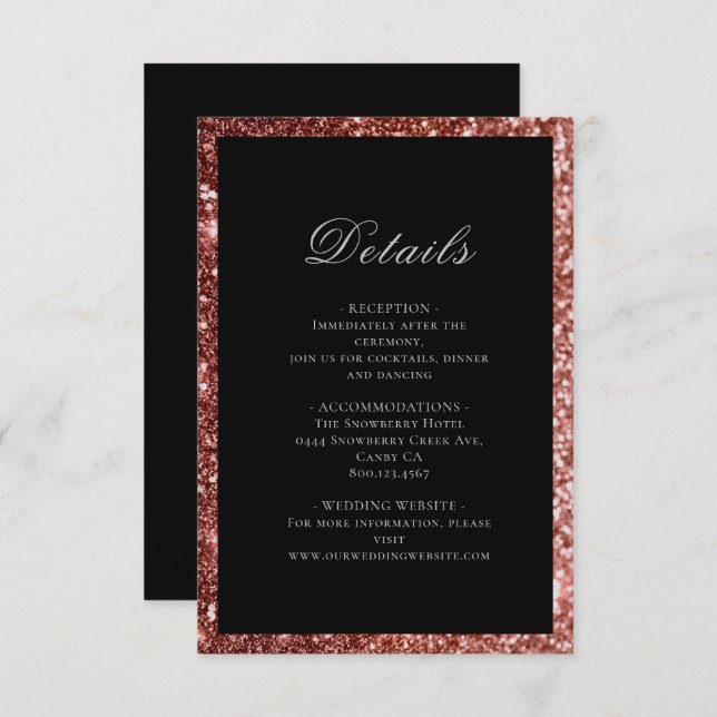 Glam Rose Gold Black Glitter Wedding Details Enclosure Card (Front/Back)
