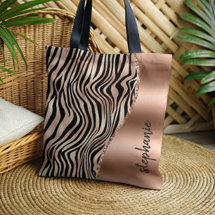 Glam Rose Gold Black Tiger Stripes Metallic Name Tote Bag