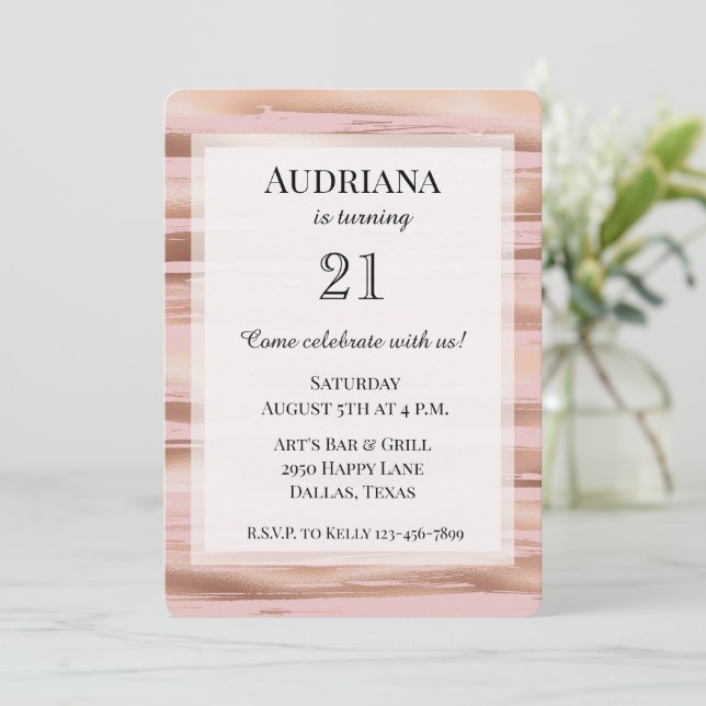 Glam Rose Gold Blush Stripes Birthday Invitation (Standing Front)