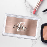 Glam Rose Gold Brushed Metal Black White Monogram Business Card Holder<br><div class="desc">This trendy modern business card case features a monogram and first name in black and white script on a stylish rose gold faux brushed metal background.</div>
