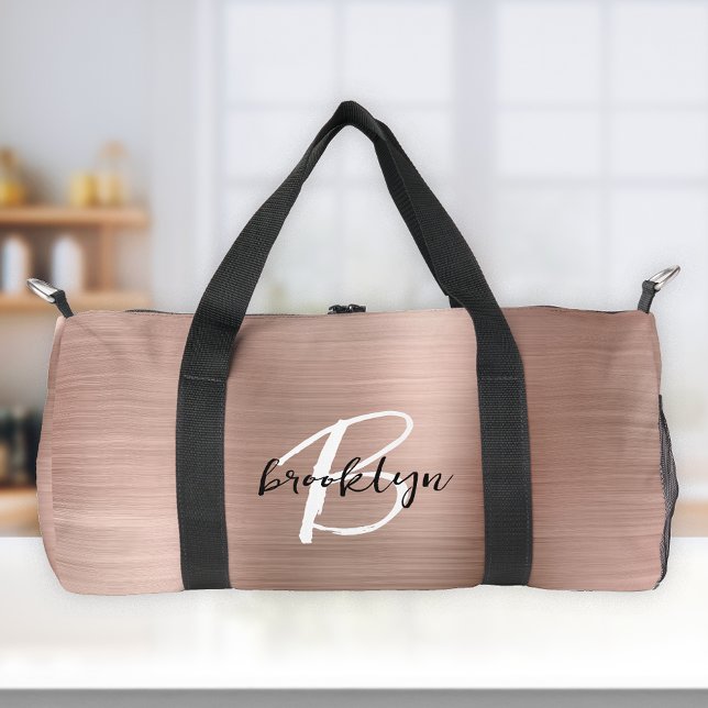 Glam Rose Gold Brushed Metal Black White Monogram  Duffle Bag (Creator Uploaded)