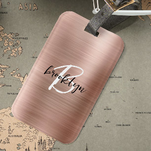 Glam Rose Gold Brushed Metal Black White Monogram  Luggage Tag