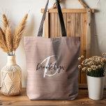 Glam Rose Gold Brushed Metal Black White Monogram  Tote Bag<br><div class="desc">This elegant personalised tote bag features a monogram and first name in modern black and white script on a glam rose gold brushed metal background.</div>