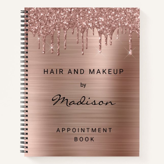 Glam Rose Gold Drip Glitter Brushed Metal Appointm Notebook (Front)