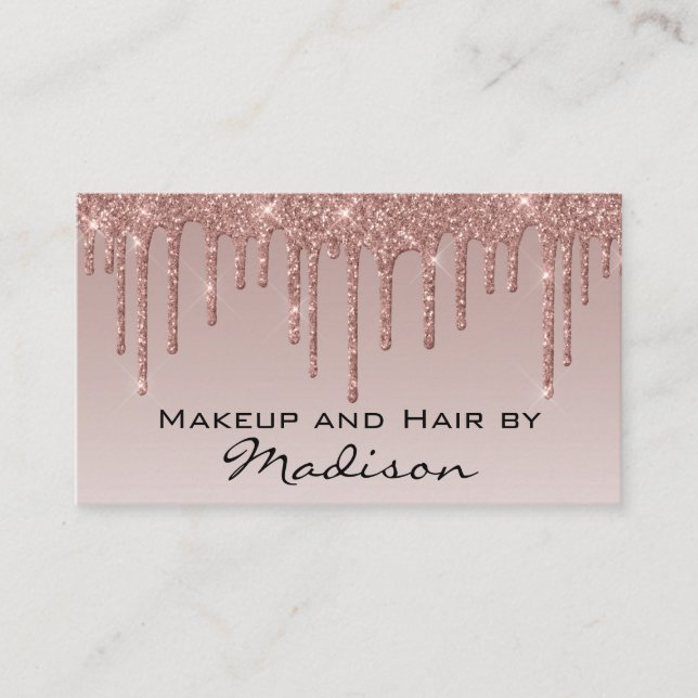 Glam Rose Gold Faux Glitter Drips Makeup Artist Business Card (Front)