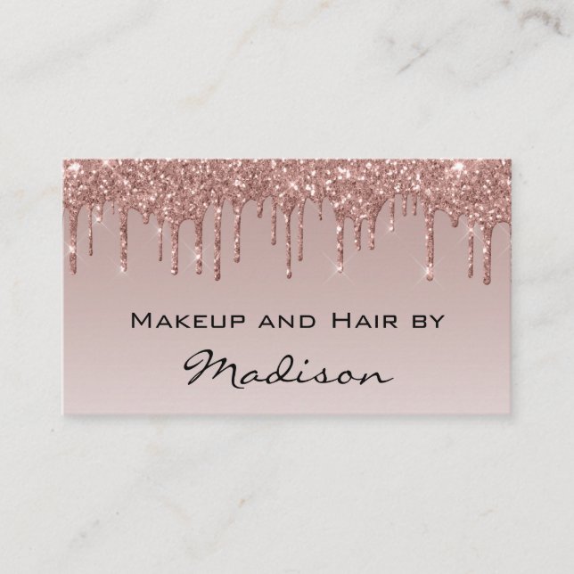 Glam Rose Gold Faux Glitter Drips Makeup Artist Business Card (Front)