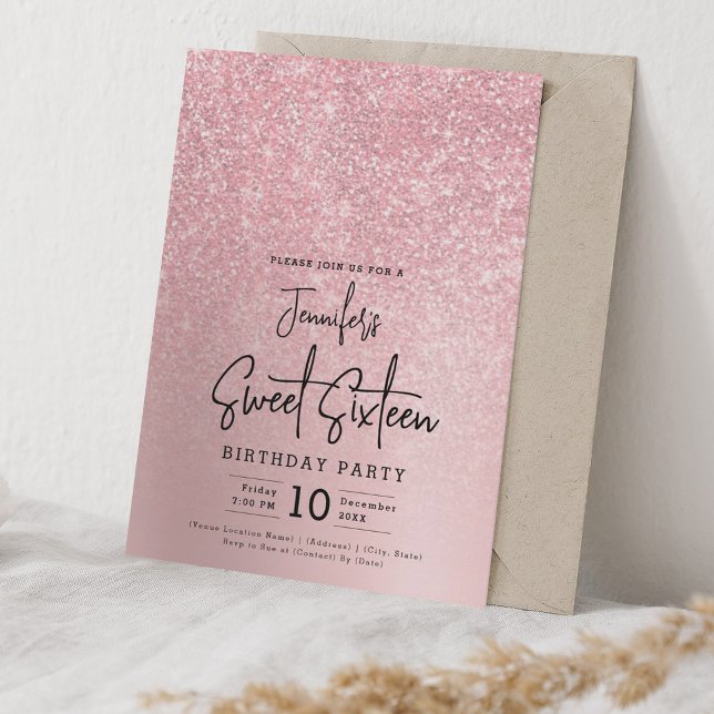 Glam Rose Gold Faux Glitter Sparkle Sweet 16 Party Invitation (Glam Rose Gold Faux Glitter Sparkle Sweet 16 Party Invitation)