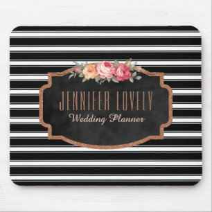 Glam Rose Gold Glitter Black Stripes    Monogram Mouse Pad