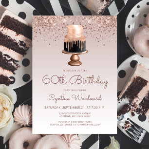 Glam Rose Gold Glitter Cake 60th Birthday Party Invitation
