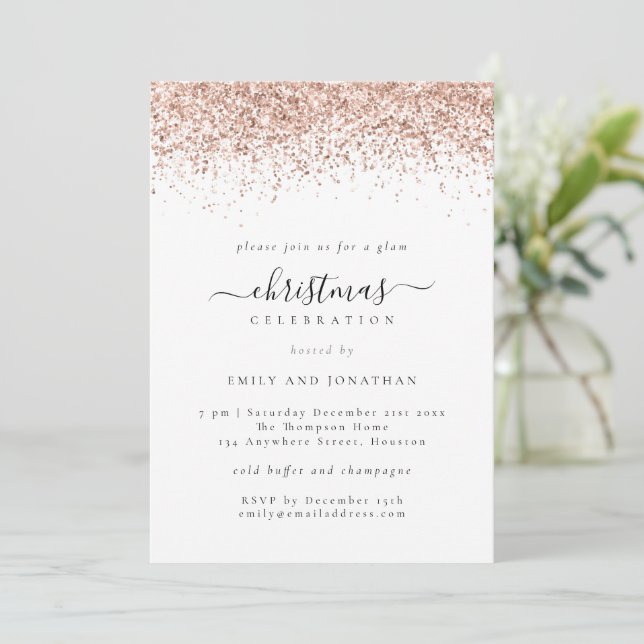 Glam Rose Gold Glitter Christmas Party White Invitation (Standing Front)
