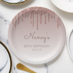 Glam Rose Gold Glitter Drip 80th Birthday Party Paper Plate<br><div class="desc">These chic,  elegant 80th birthday party paper plates feature a sparkly rose gold faux glitter drip border and rose gold ombre background. Personalise them with the guest of honour's name in dark rose handwriting script,  with her birthday and date below in sans serif font.</div>