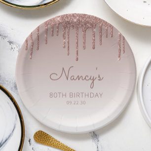 Glam Rose Gold Glitter Drip 80th Birthday Party Paper Plate