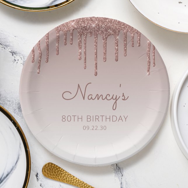 Glam Rose Gold Glitter Drip 80th Birthday Party Paper Plate (Creator Uploaded)