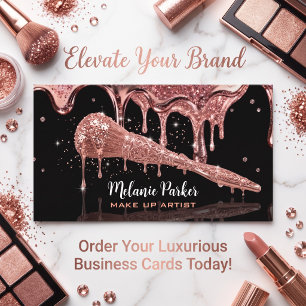 Glam Rose Gold Glitter Drip Makeup Brush Business Card