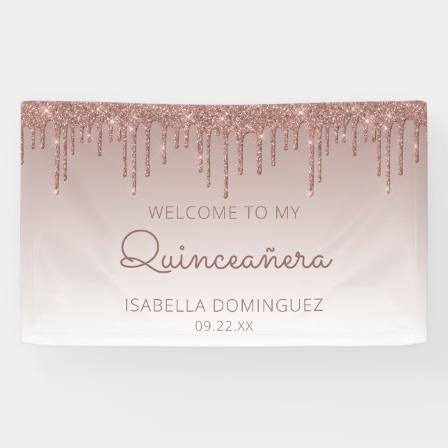 Glam Rose Gold Glitter Drip Quinceañera Banner (Horizontal)