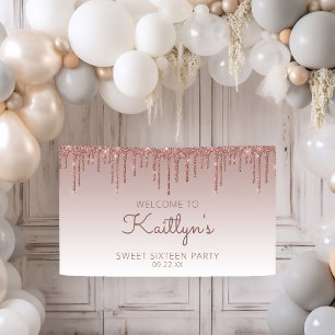 Glam Rose Gold Glitter Drip Sweet 16 Party Banner