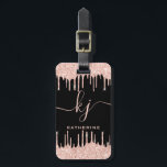 Glam Rose Gold Glitter Drips Monogram Script Luggage Tag<br><div class="desc">Sylish, Girly, Elegant, Light Rose Gold Glitter Drips 2 Monogram Script custom personalised name monogrammed luggage tag on black. Featuring a modern luxury faux light pink rose gold glitter dripping frame, a large double hand lettered monogram script font with swashes (large size initials), and a serif type font name in...</div>